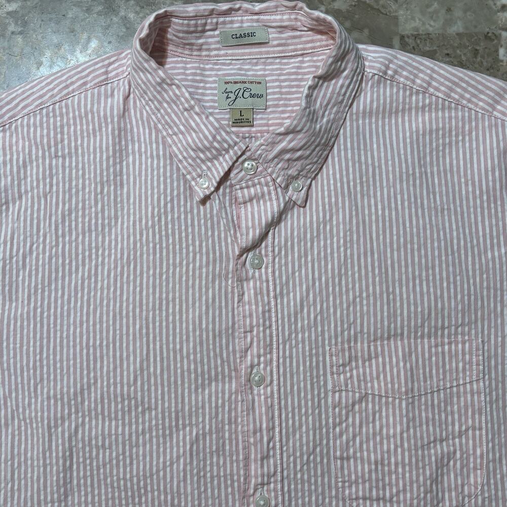 J Crew Shirt Mens Large Classic Pink Striped Seersucker Short Sleeve Button